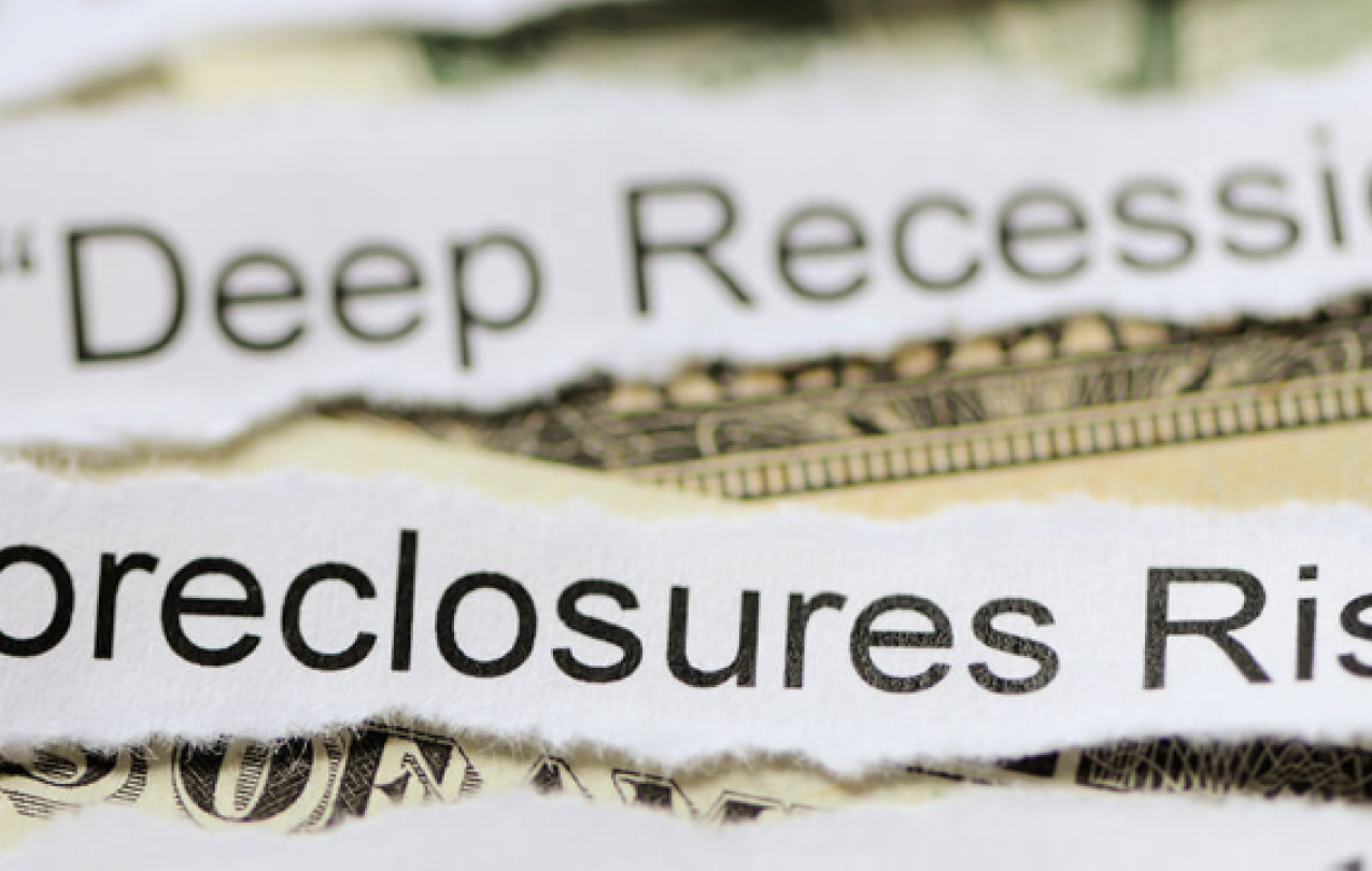Image of US dollars overlaid with text from two news headlines: "US in Deep Recession" and "Foreclosures Rise" 